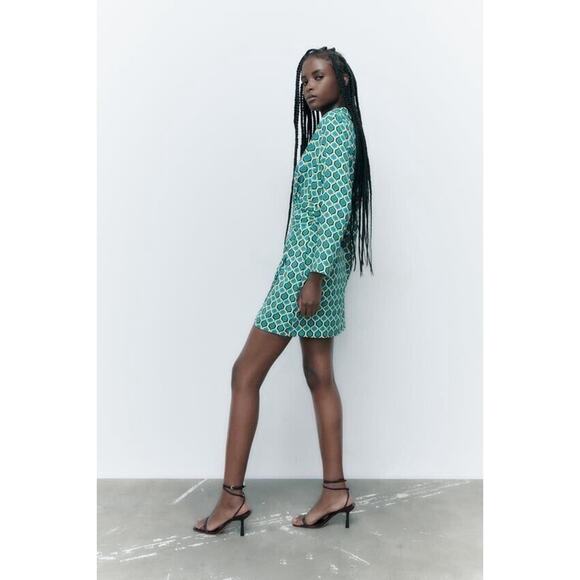 NWT Zara Geometric Collared Mini Party Dress Blue Green Print Size Small - Picture 3 of 16